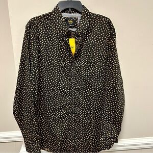 Lee Sz L Black & Dark Gold Button Down Shirt NWT 100% Cotton Bird Design